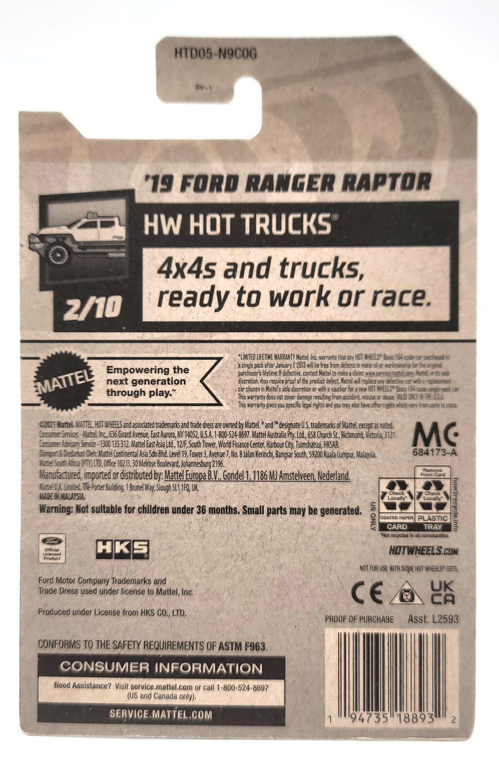 Hot Wheels 1:64 HW Hot Trucks '19 Ford Ranger Raptor Diecast Pickup Truck
