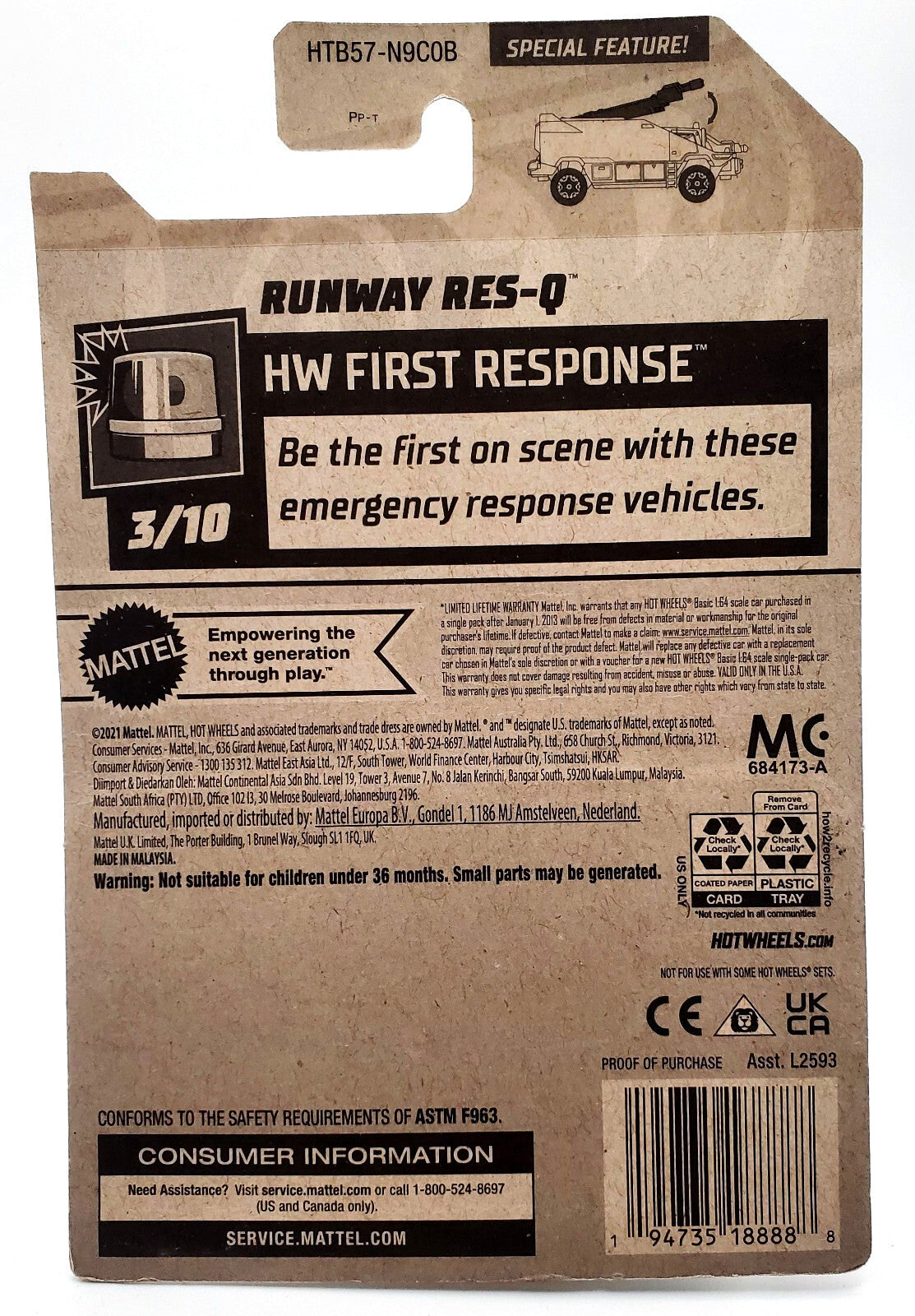 Hot Wheels - Runway Res-Q - 9/250 - HW First Response 3/10 -NEW ON BLISTER CARD