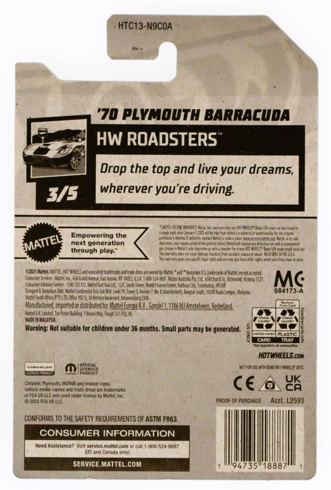 '70 Plymouth Barracuda 20/250 Hot Wheels 2024 HTC13 HW Roadsters 3/5 blue
